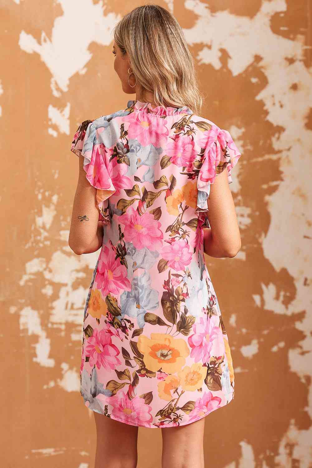 Amoura Floral Tie Neck Flutter Sleeve Dress