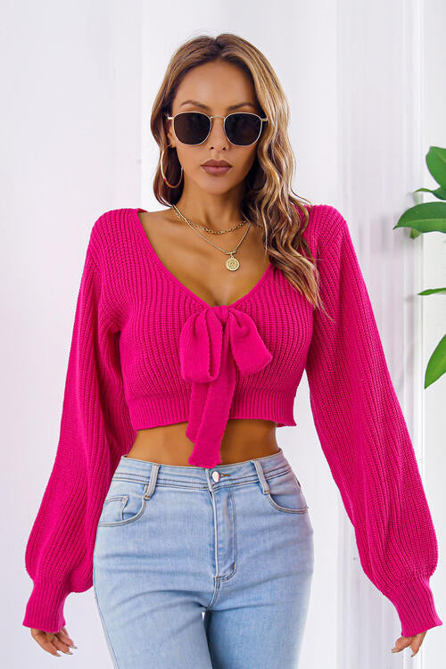 Serena Bow V-Neck Cropped Sweater