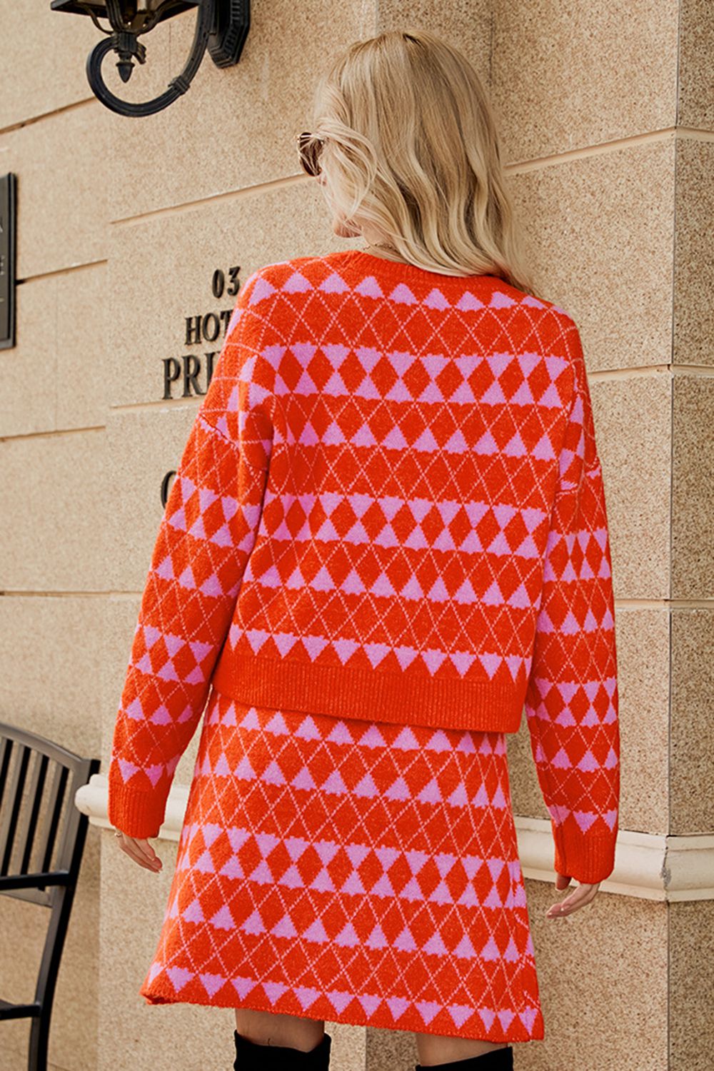 Evette Geometric Cardigan and Knit Skirt Set