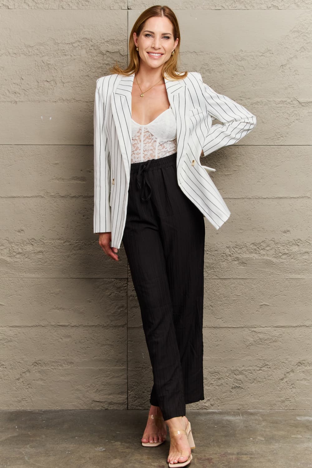 Alena Striped Lapel Collar Long Sleeve Blazer