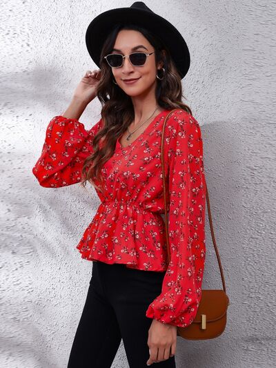 Lovely Floral Balloon Sleeve Peplum Blouse
