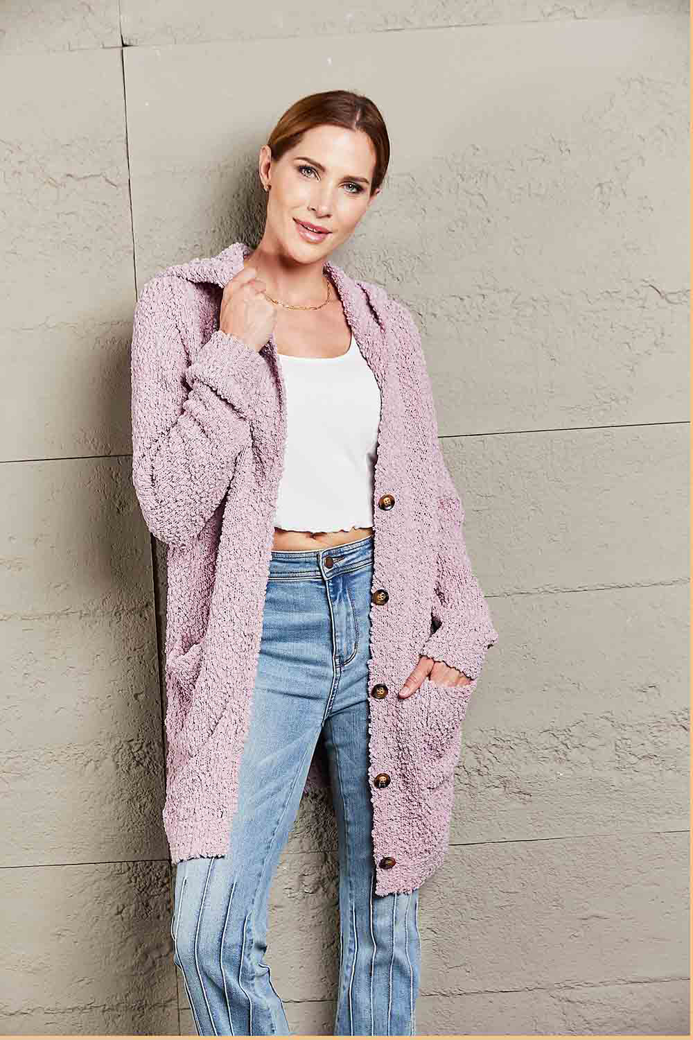 Marsa Popcorn-Knit Hooded Cardigan
