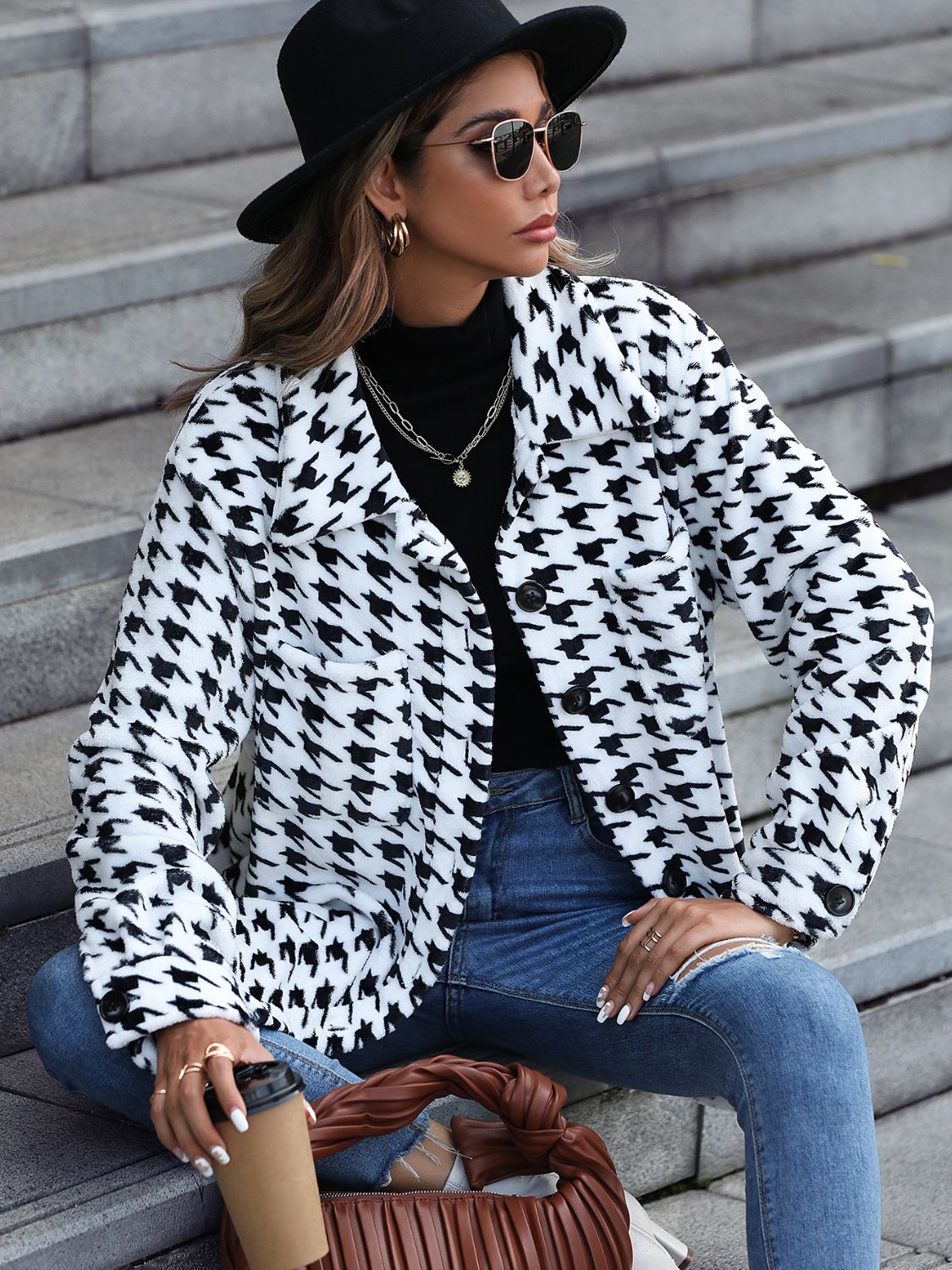 Make Time Houndstooth Button Down Coat