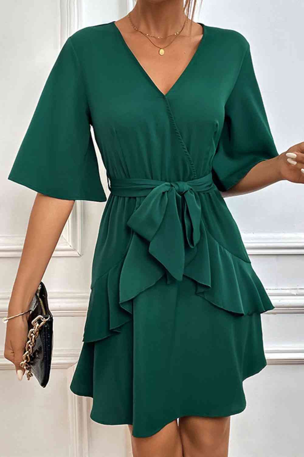 Ellis Tie Belt Surplice Neck Ruffled Dress