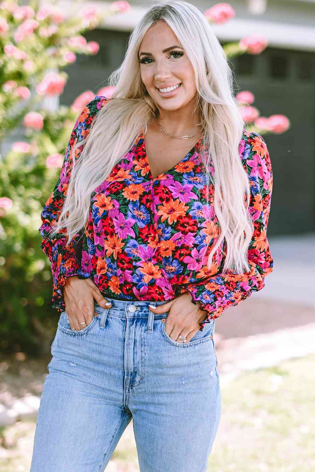 Reyna Flower Surplice Long Sleeve Top