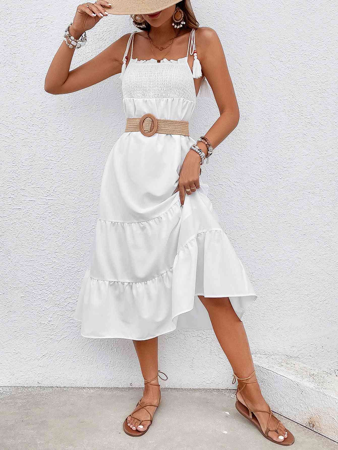 Kaydence Tie-Shoulder Smocked Midi Dress