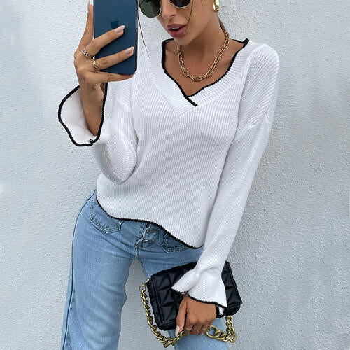Ellie Flounce Sleeve V-Neck Sweater