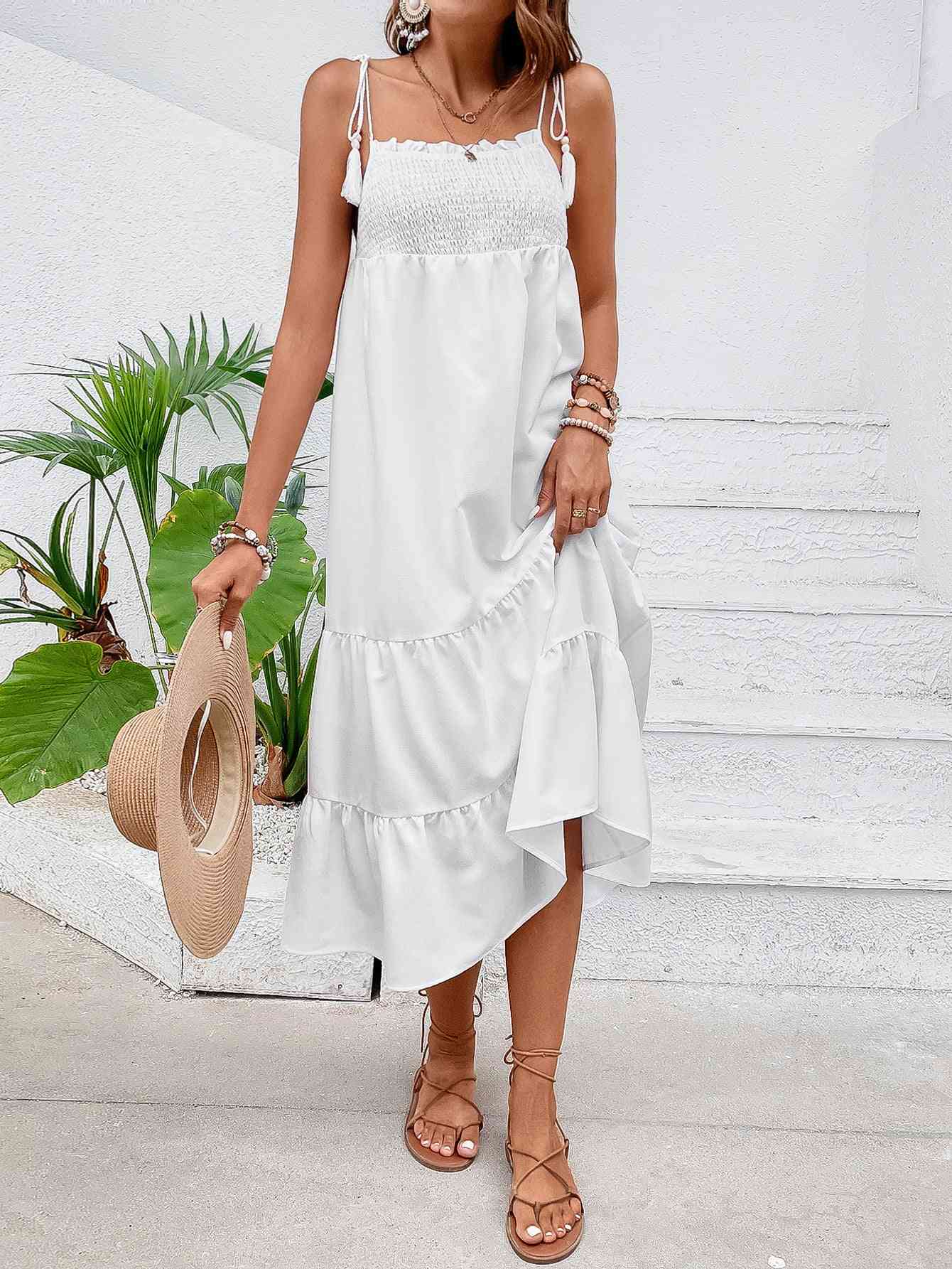 Kaydence Tie-Shoulder Smocked Midi Dress