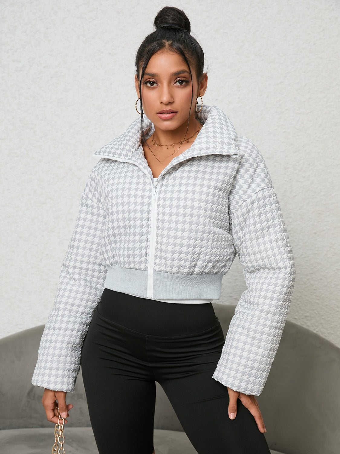 Trendy Confessions Houndstooth Zip-Up Jacket
