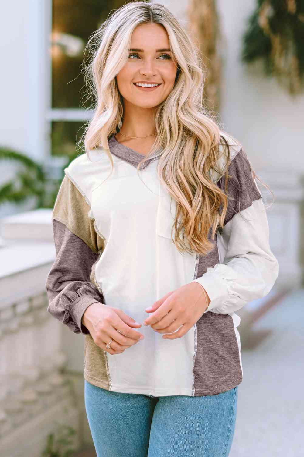 Thea Color Block Exposed Seam Blouse