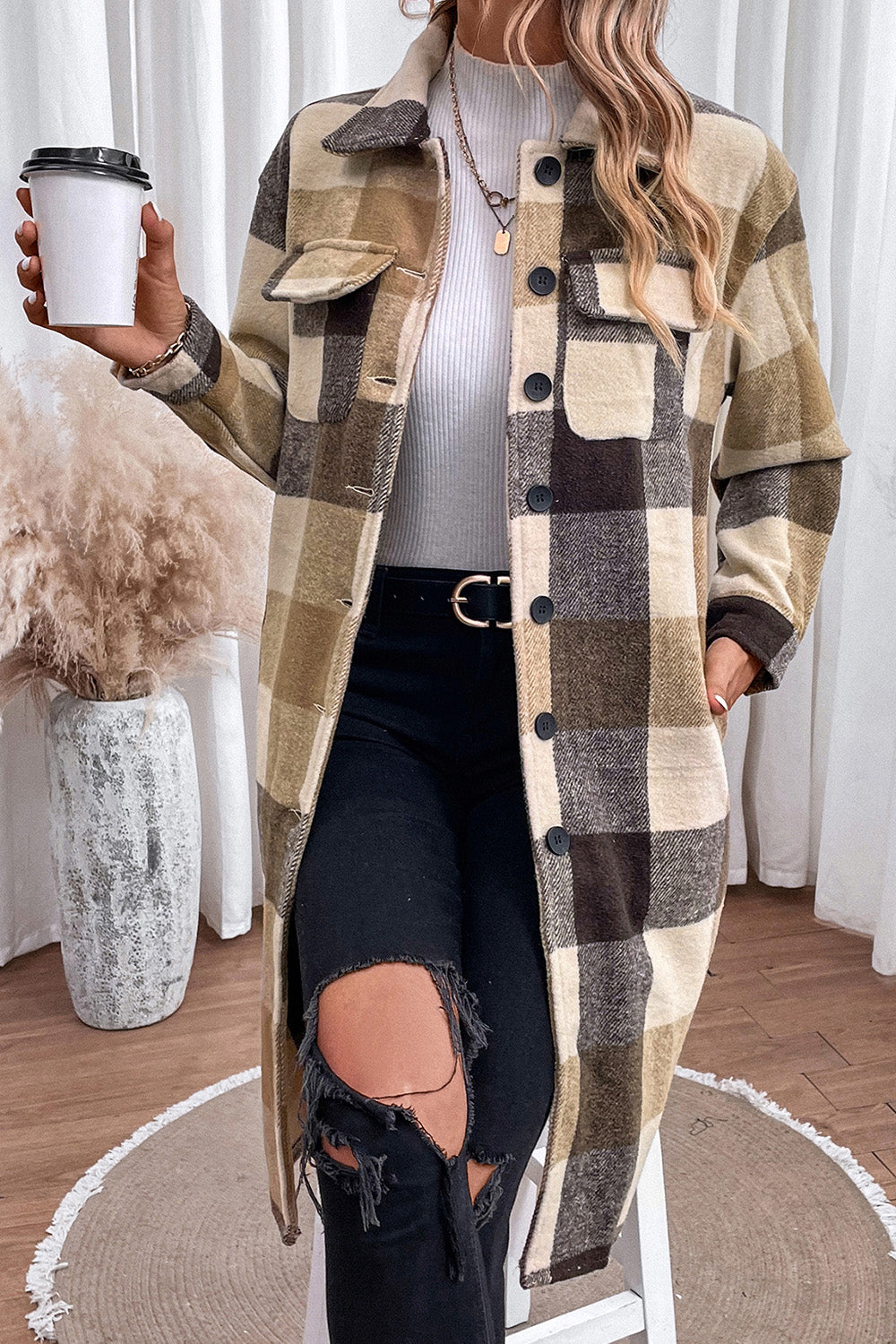 Sienna Plaid Button Down Longline Coat