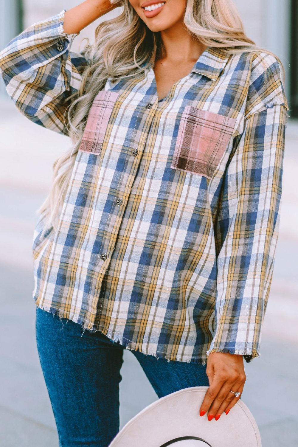 Outdoor Play Plaid Raw Hem Blouse
