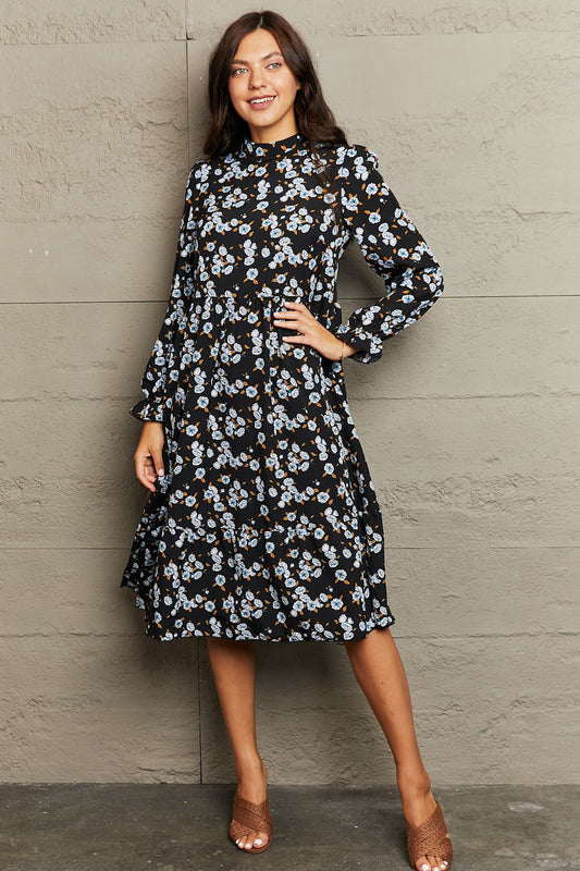 Jordie Floral Flounce Sleeve Midi Dress