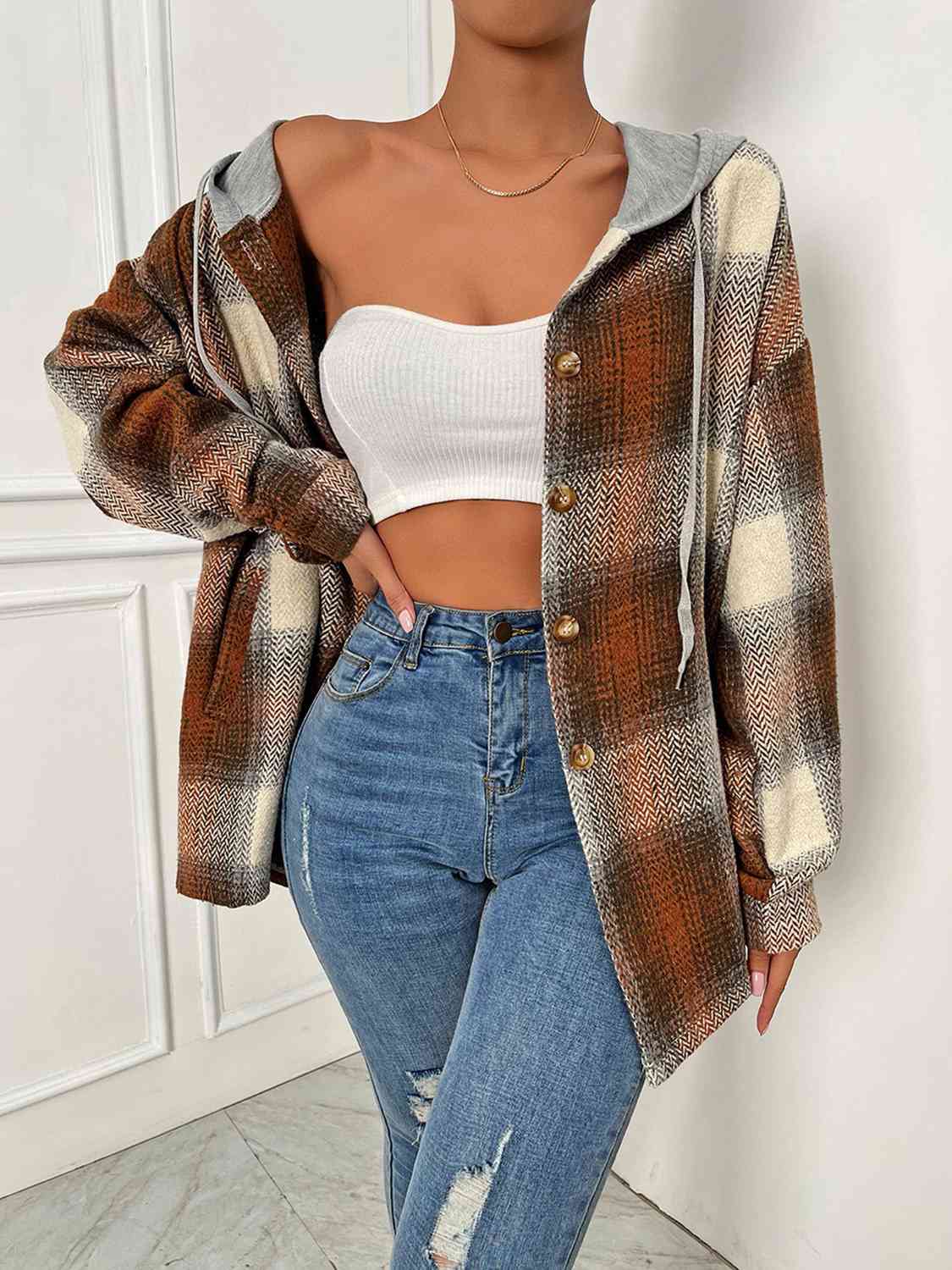 Lisa Plaid Drawstring Hooded Jacket