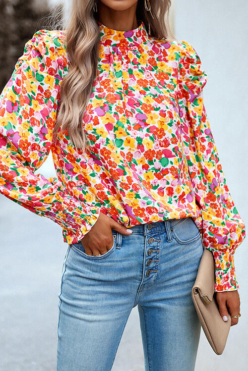 August Floral Smocked Lantern Sleeve Blouse