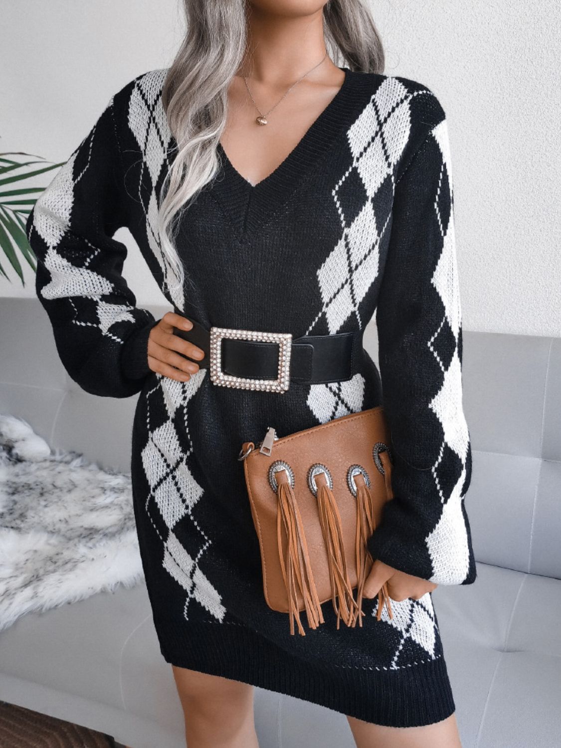 Argyle V-Neck Sweater Dress