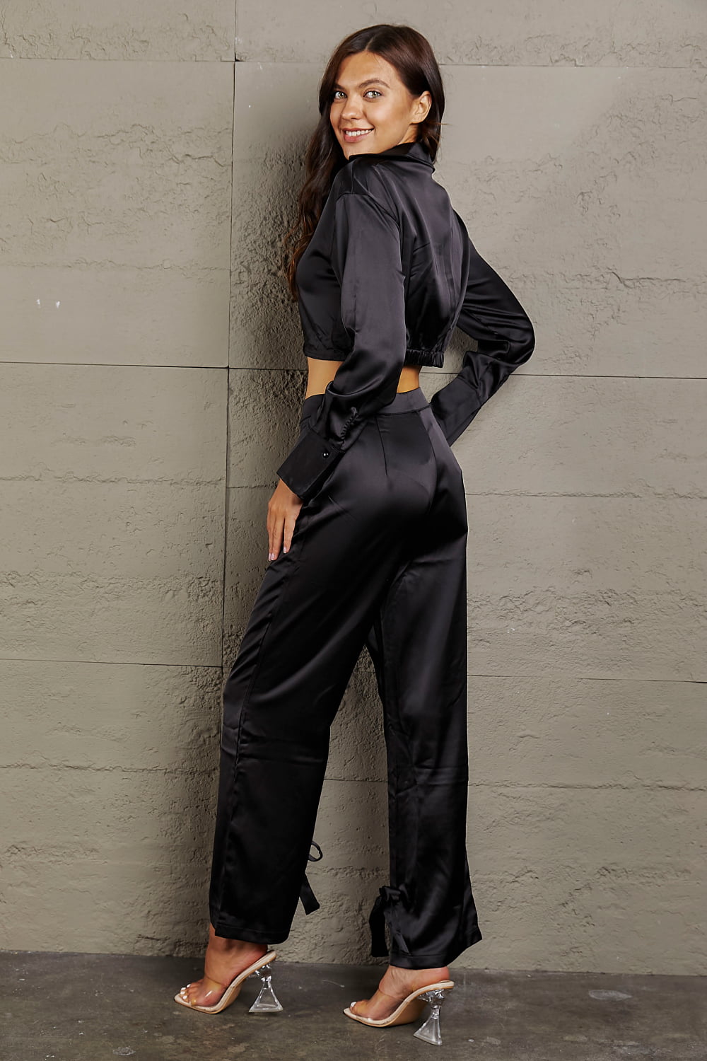 Bella Cropped Blouse and Tie Detail Pants Set
