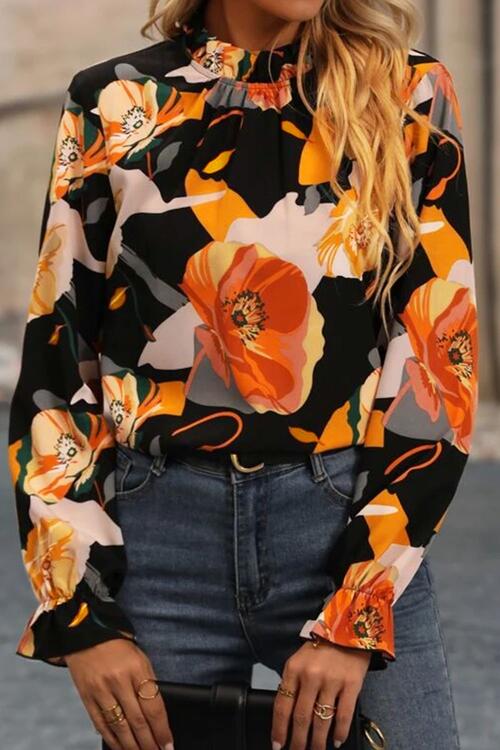 Catalina Floral Mock Neck Flounce Sleeve Blouse