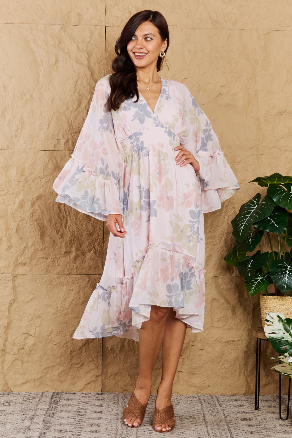 The Right Time Floral Bell Sleeve Midi Dress