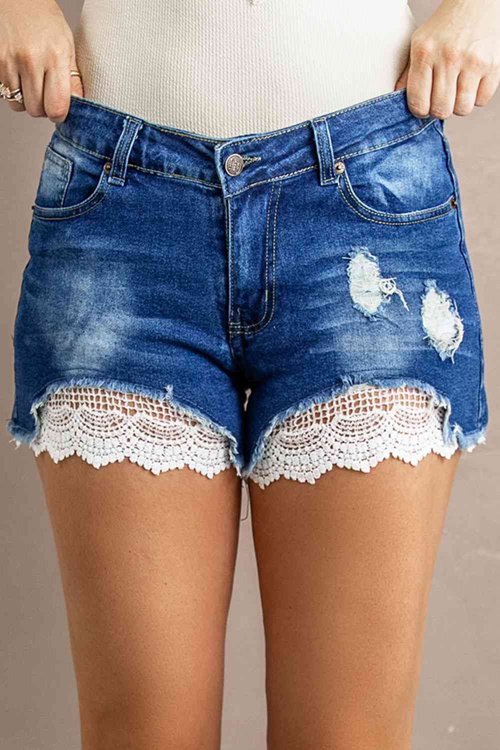 Dorothy Spliced Lace Distressed Denim Shorts