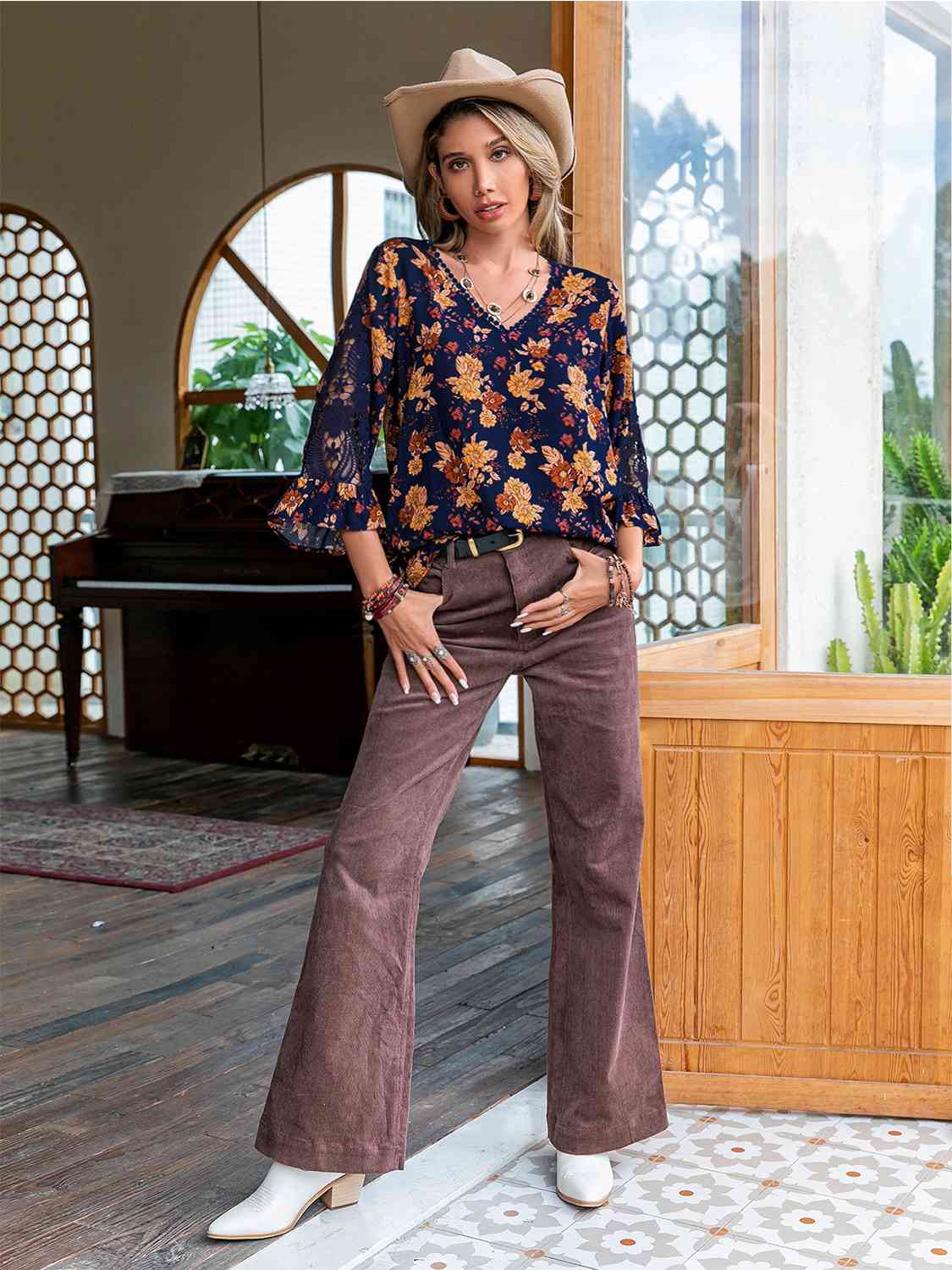 Elsie Floral V-Neck Crochet Blouse