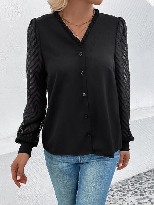 Alicia Mesh V-Neck Button Front Blouse
