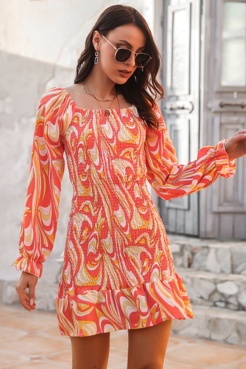Abstract Smocked Mini Dress