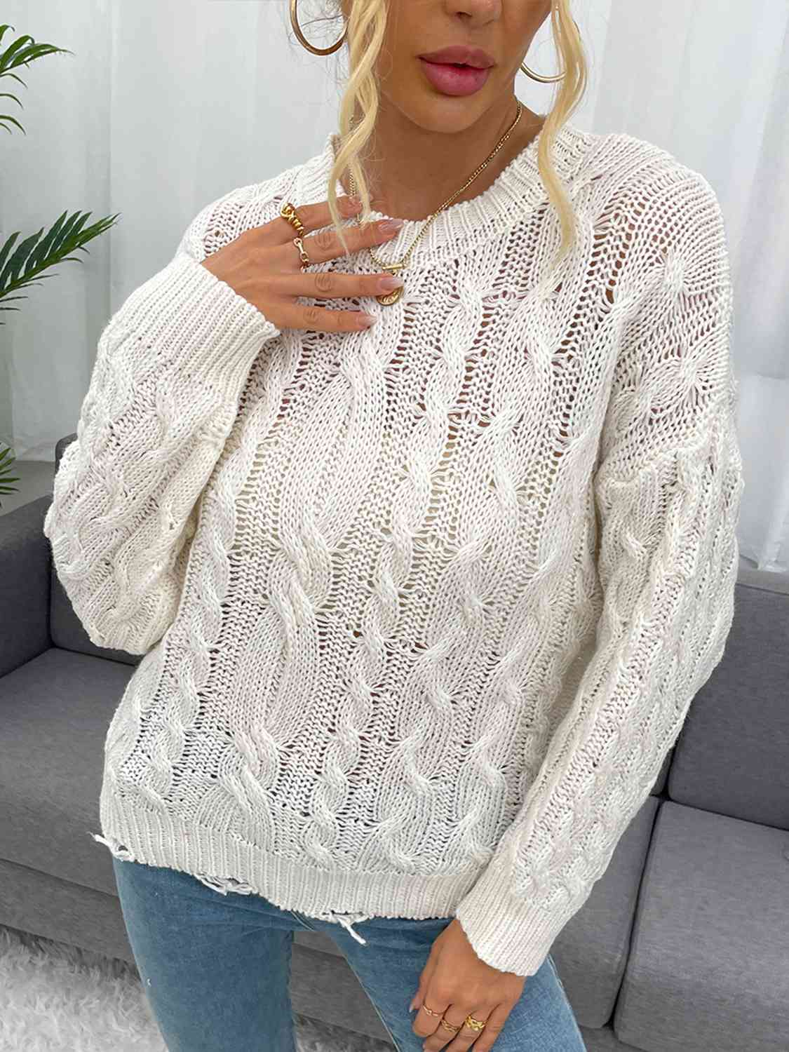 Vivienne Openwork Distressed Long Sleeve Sweater