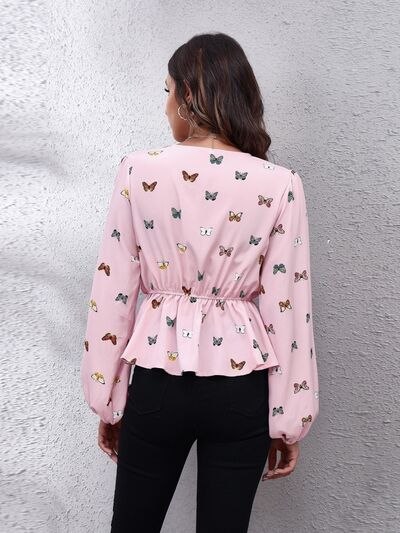 Butterfly Balloon Sleeve Peplum Blouse