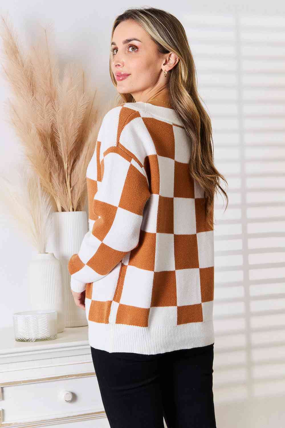 Checkered Button-Up V-Neck Cardigan
