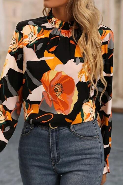 Catalina Floral Mock Neck Flounce Sleeve Blouse