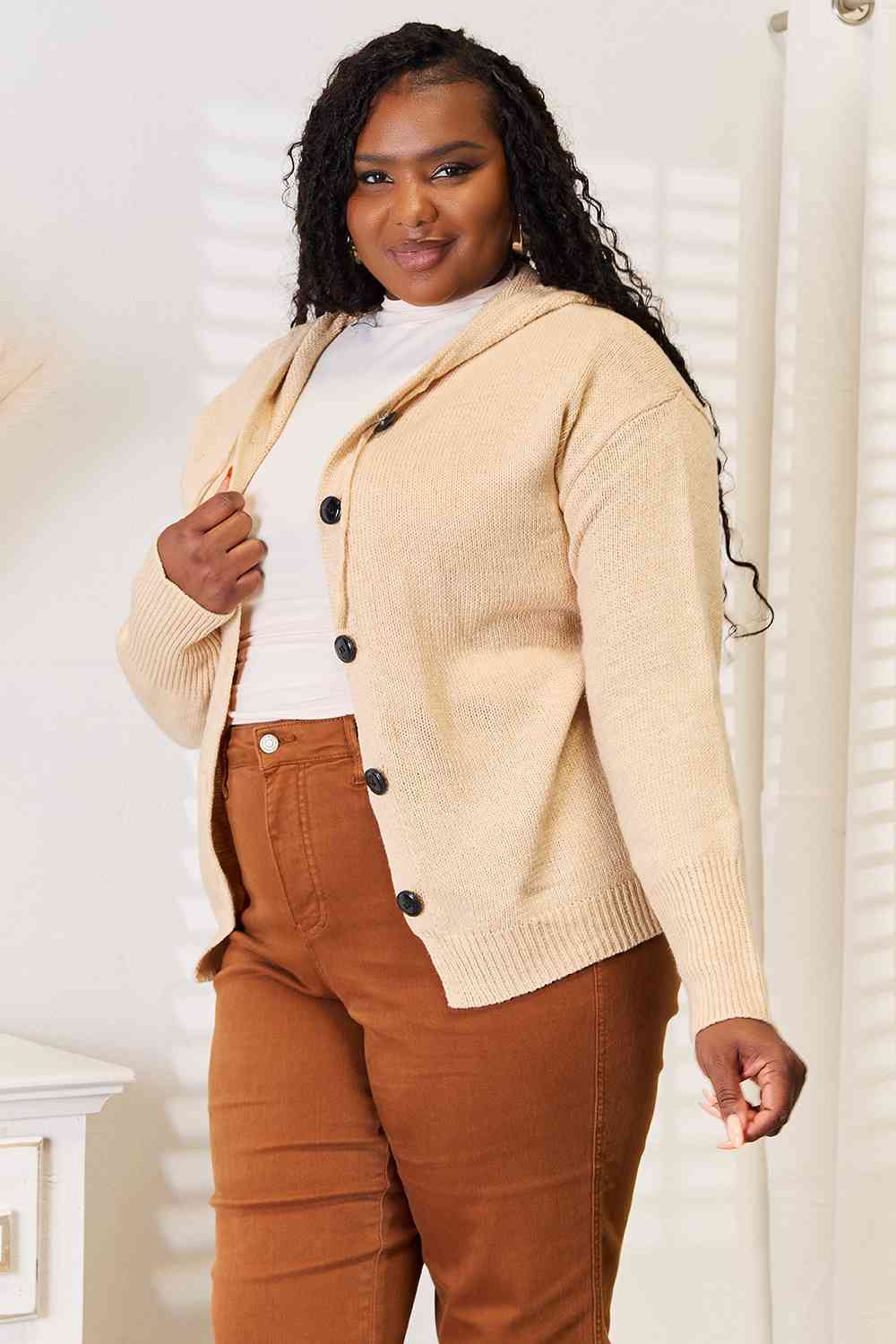 Gloria Button-Down Long Sleeve Hooded Cardigan