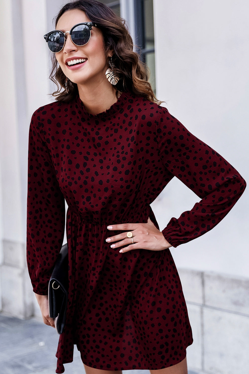 Arianna Spotted Mock Neck Mini Dress