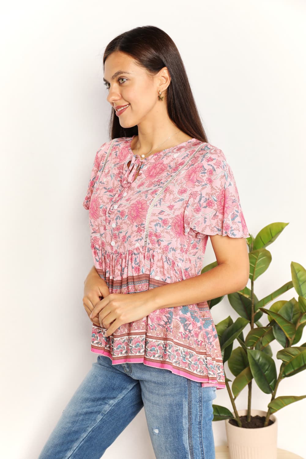 Winnie Bohemian Tie-Neck Peplum Blouse