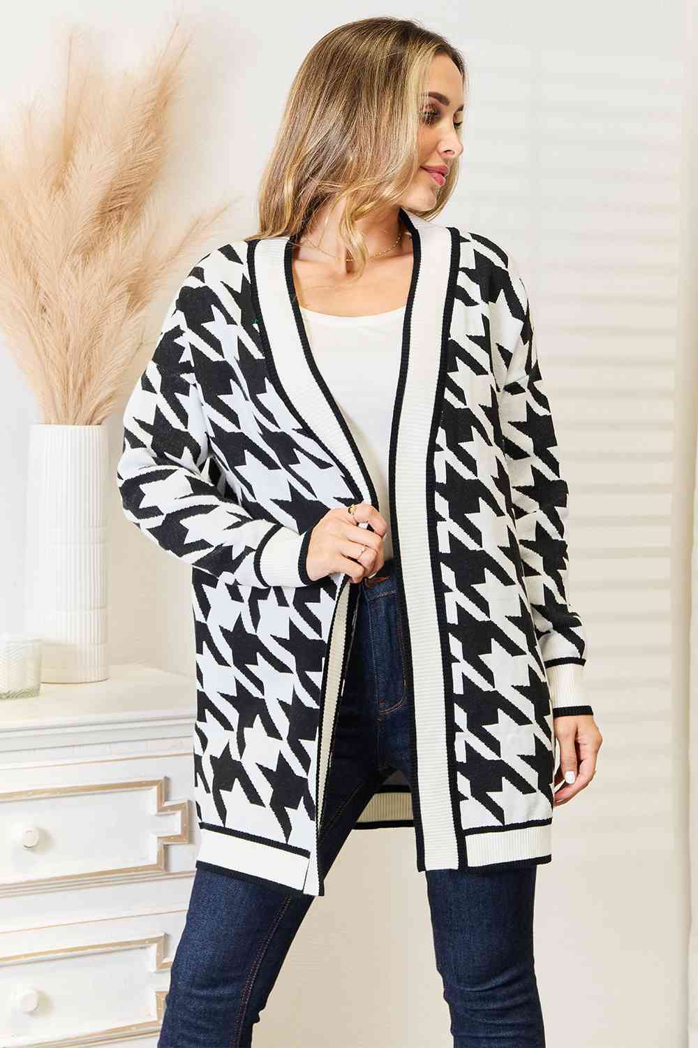Morgan Houndstooth Open Front Longline Cardigan