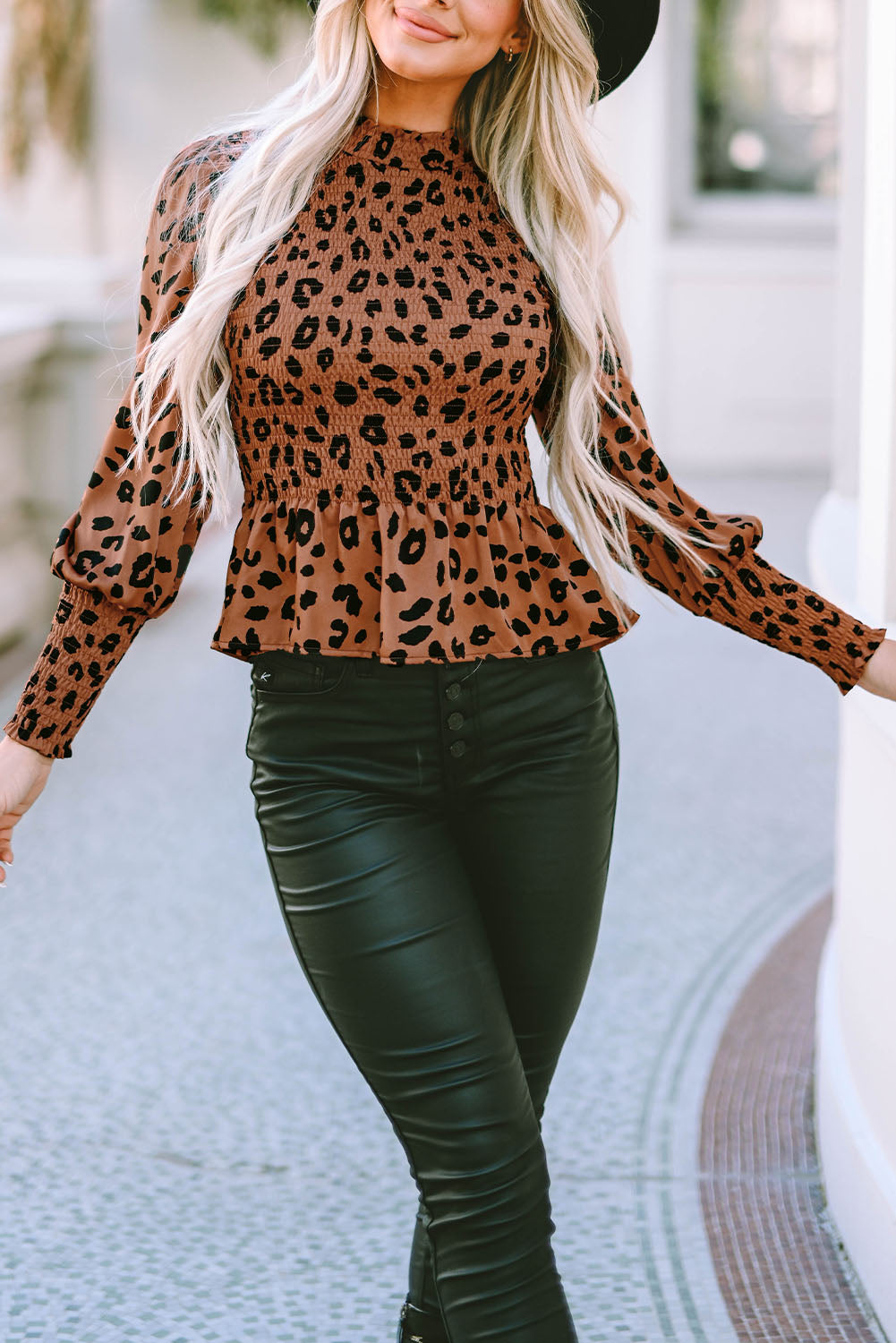 Michaela Leopard Smocked Peplum Top