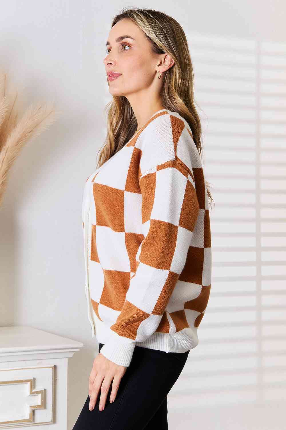 Checkered Button-Up V-Neck Cardigan