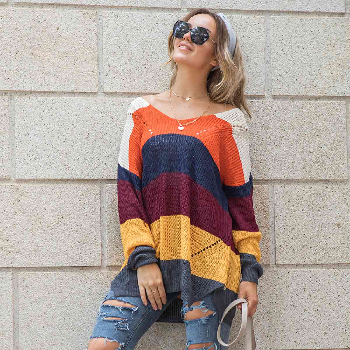 Artistic Color Block Openwork Sweater