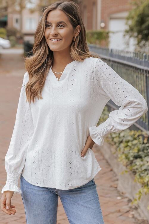 Sylvie Openwork Notched Flounce Sleeve Blouse