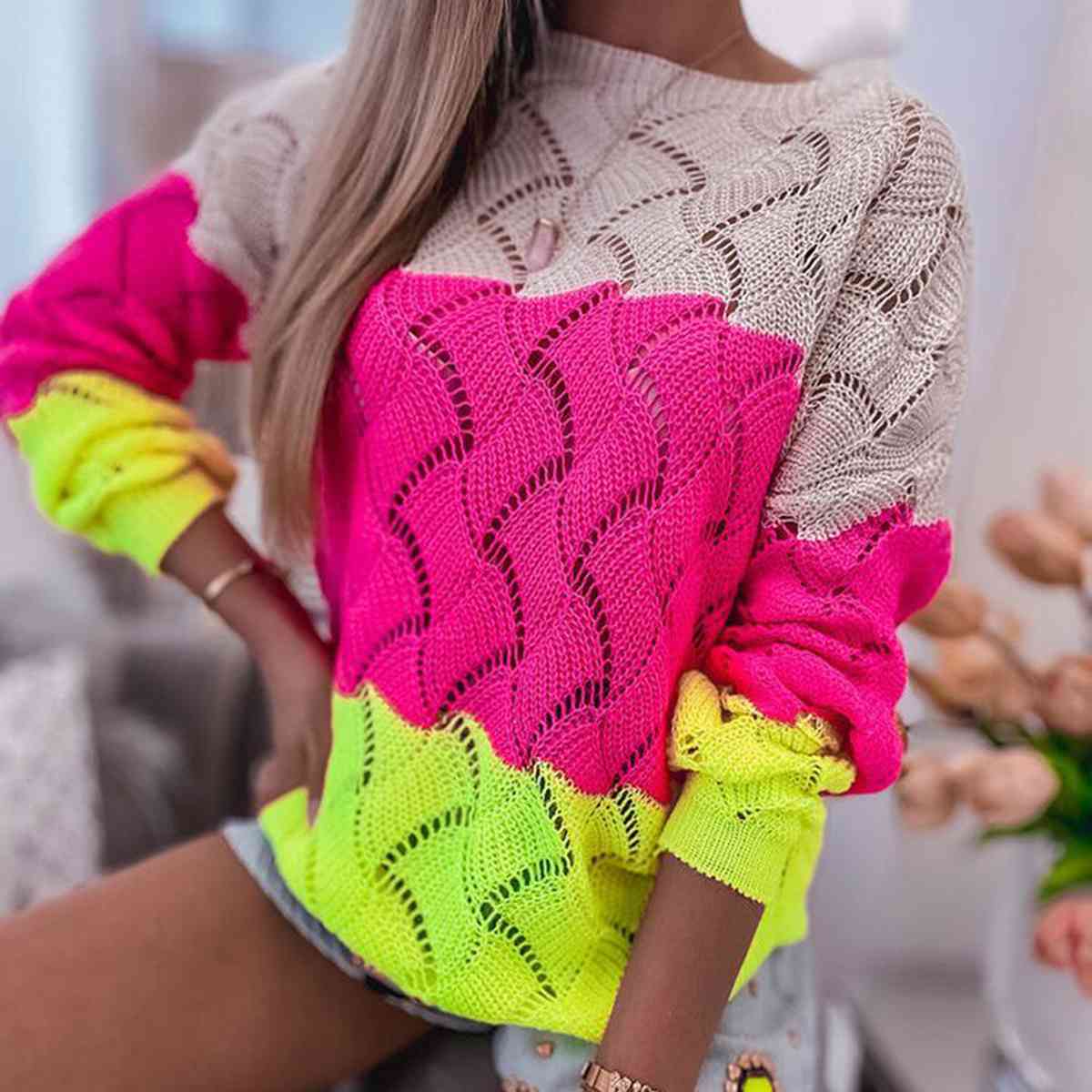 Darling Openwork Color Block Sweater