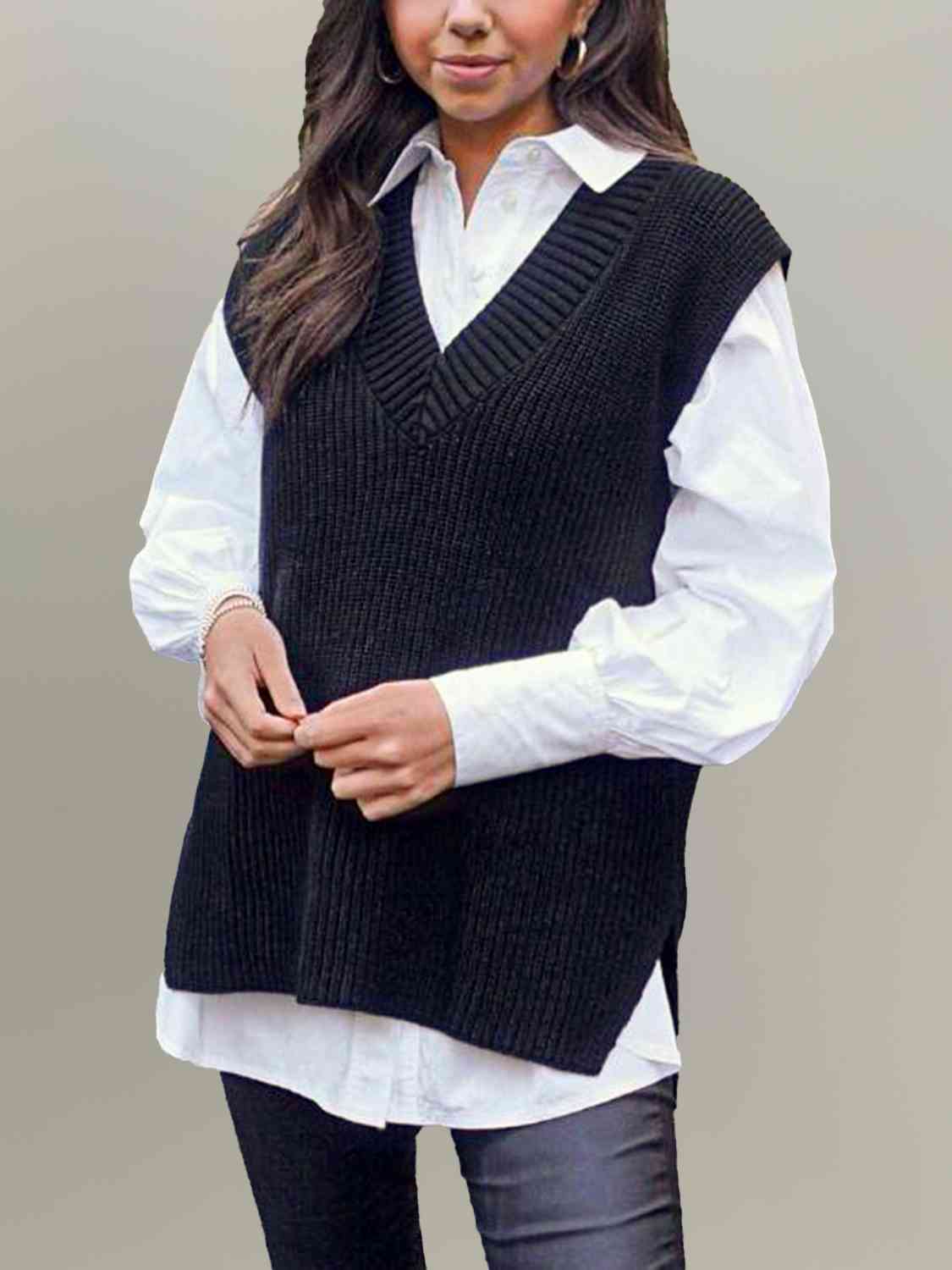 Louise V-Neck Slit Sweater Vest