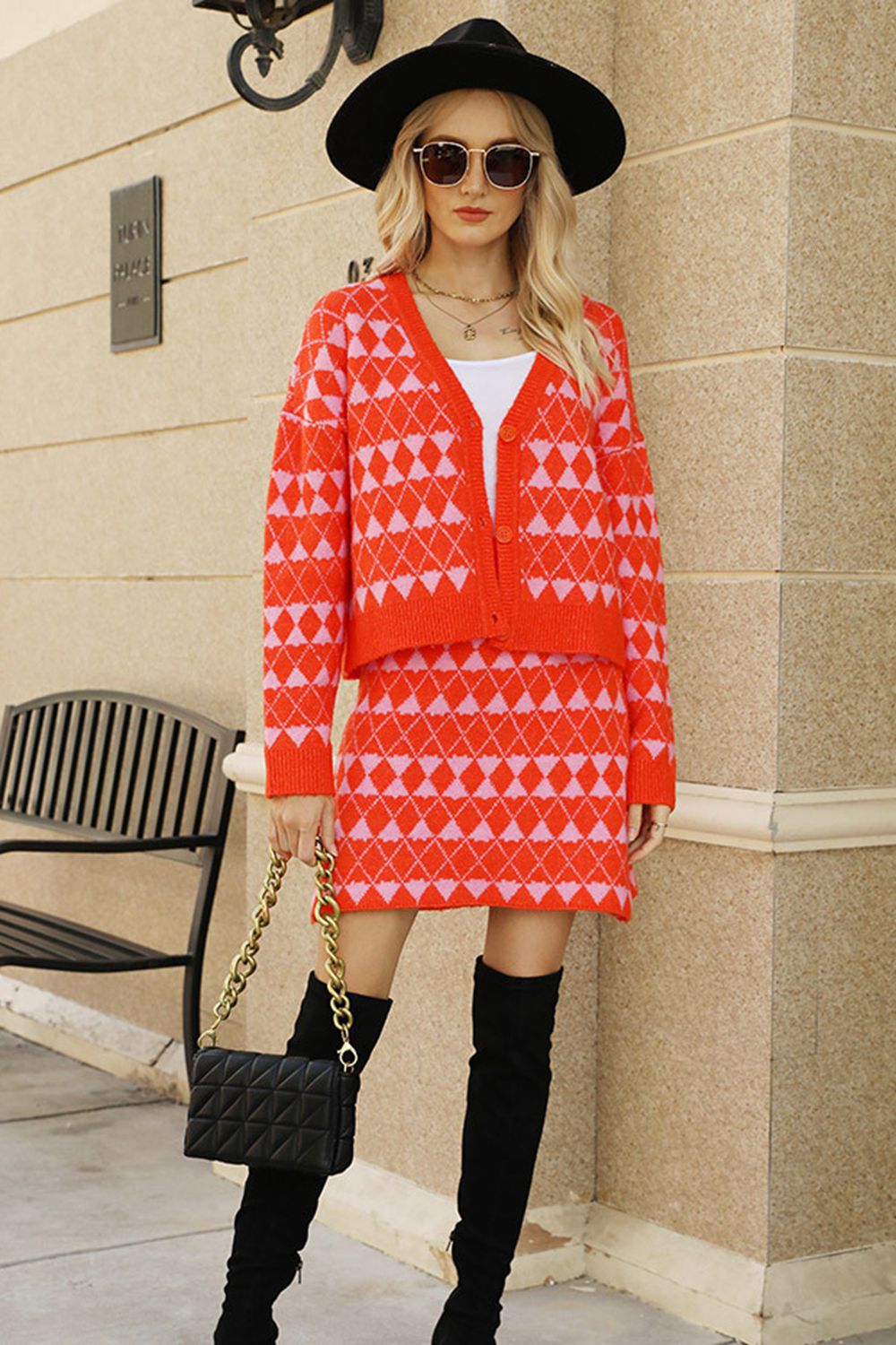 Evette Geometric Cardigan and Knit Skirt Set