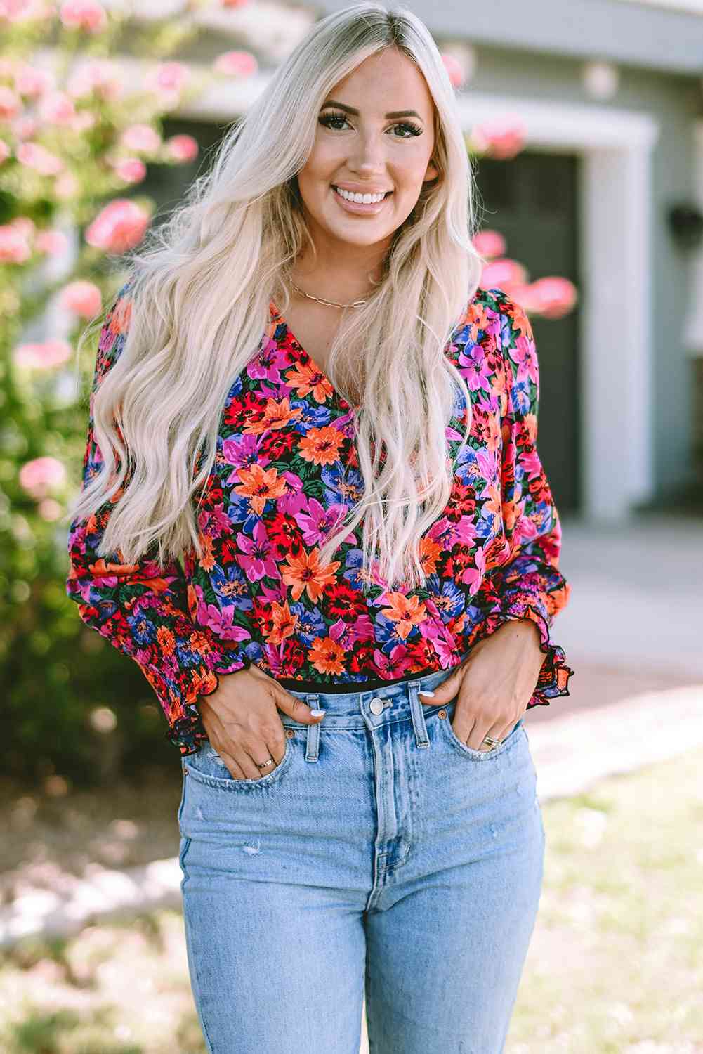 Reyna Flower Surplice Long Sleeve Top