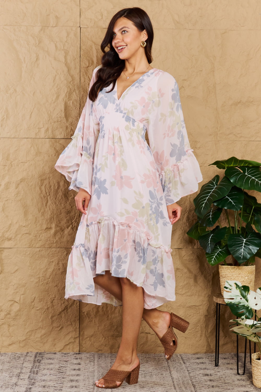 The Right Time Floral Bell Sleeve Midi Dress