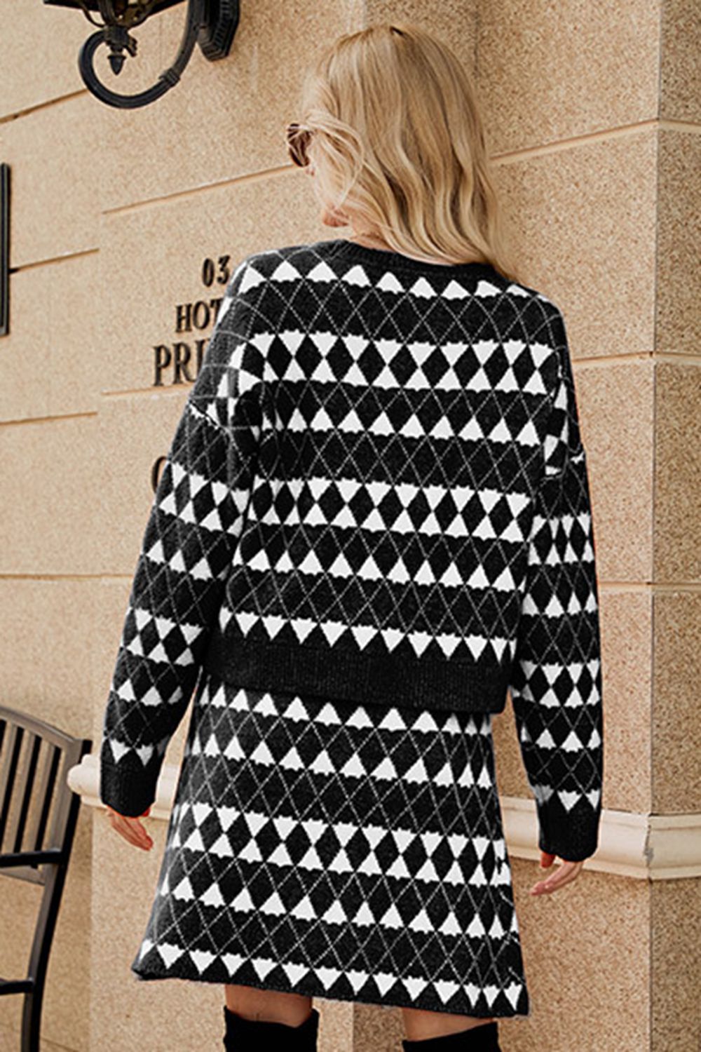Evette Geometric Cardigan and Knit Skirt Set