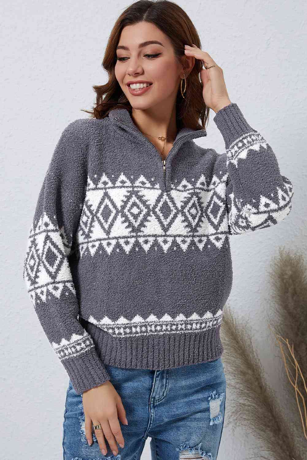 Felicity Zip-Up Geometric Pullover