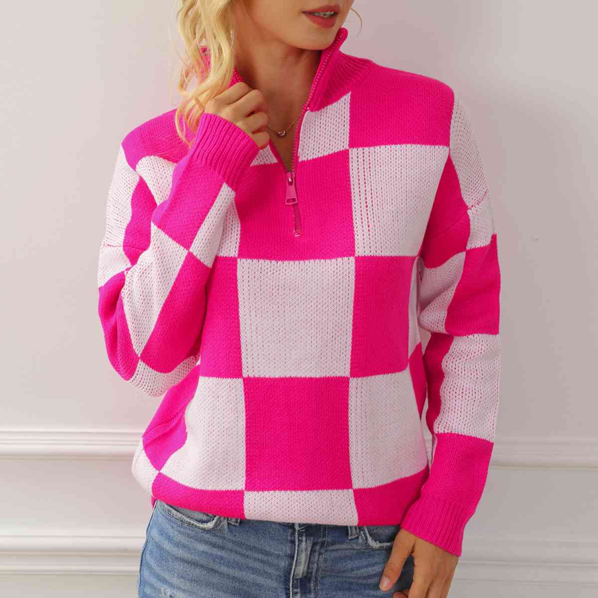 Time To Play Checkered Half Zip Pullover