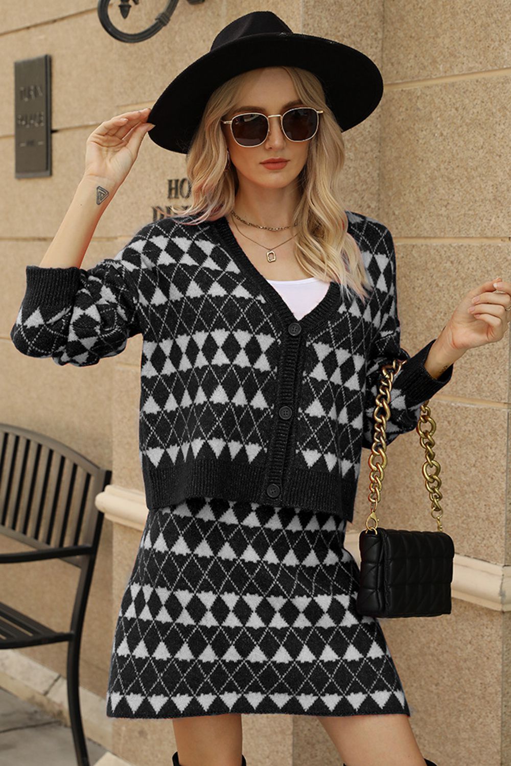 Evette Geometric Cardigan and Knit Skirt Set