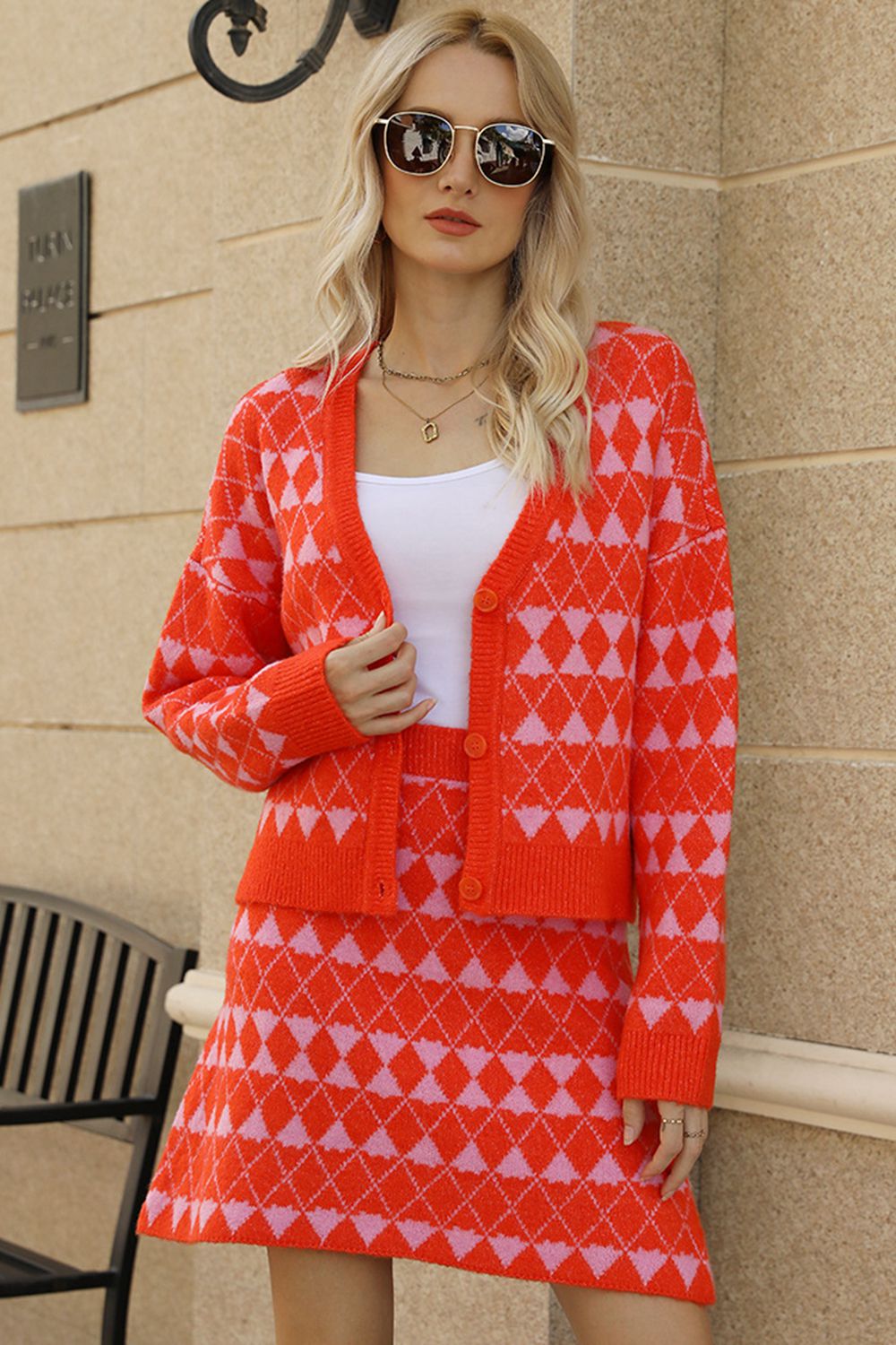 Evette Geometric Cardigan and Knit Skirt Set