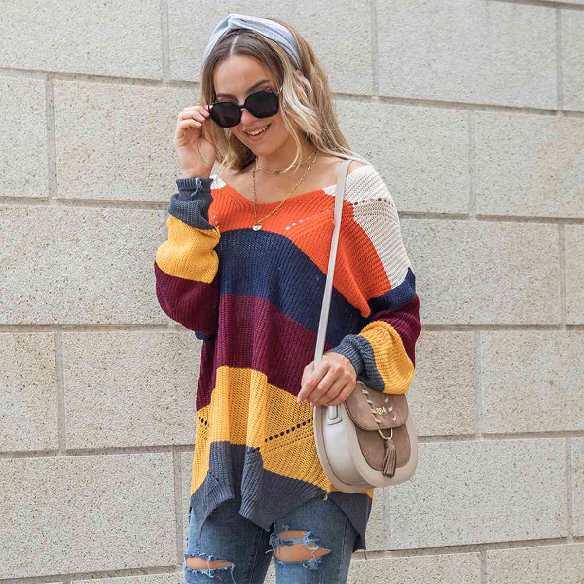 Artistic Color Block Openwork Sweater